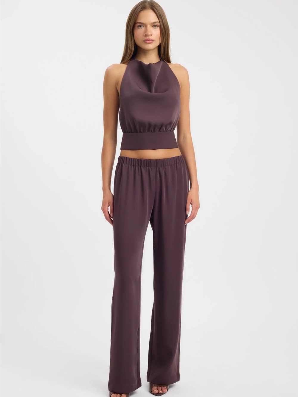 Satin Halter Crop Top & Wide-Leg Pants Set - Plum